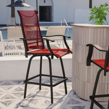 Flash Furniture Valerie Patio Bar Height Stools Set of 2, All-Weather Textilene Swivel Patio Stools w/ High Back & Armrests in Red, Model# 2-ET-SWVLPTO-30-RD-GG