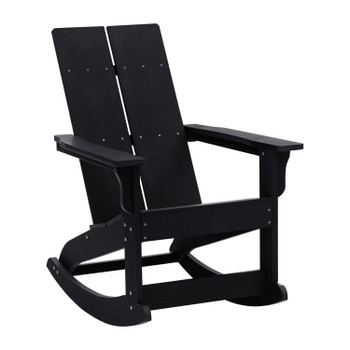 Flash Furniture Finn Modern Commercial Grade All-Weather 2-Slat Poly Resin Wood Rocking Adirondack Chair w/ Rust Resistant Stainless Steel Hardware in Black, Model# JJ-C14709-BK-GG
