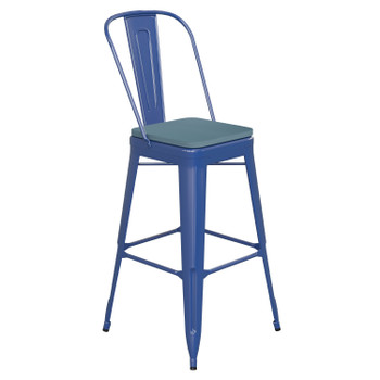 Flash Furniture Kai Commercial Grade 30" High Blue Metal Indoor-Outdoor Bar Height Stool w/ Removable Back & Teal Blue All-Weather Poly Resin Seat, Model# CH-31320-30GB-BL-PL2C-GG