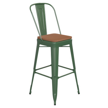 Flash Furniture Kai Commercial Grade 30" High Green Metal Indoor-Outdoor Bar Height Stool w/ Removable Back & Teak All-Weather Poly Resin Seat, Model# CH-31320-30GB-GN-PL2T-GG