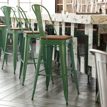 Flash Furniture Kai Commercial Grade 30" High Green Metal Indoor-Outdoor Bar Height Stool w/ Removable Back & Teak All-Weather Poly Resin Seat, Model# CH-31320-30GB-GN-PL2T-GG