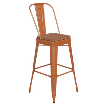 Flash Furniture Kai Commercial Grade 30" High Orange Metal Indoor-Outdoor Bar Height Stool w/ Removable Back & Teak All-Weather Poly Resin Seat, Model# CH-31320-30GB-OR-PL2T-GG