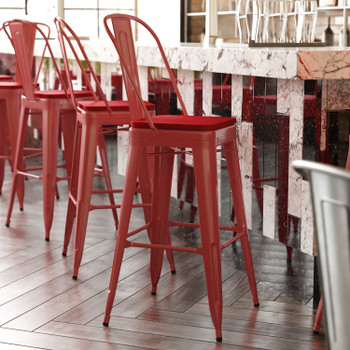 Flash Furniture Kai Commercial Grade 30" High Red Metal Indoor-Outdoor Bar Height Stool w/ Removable Back & Red All-Weather Poly Resin Seat, Model# CH-31320-30GB-RED-PL2R-GG