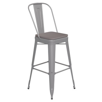Flash Furniture Kai Commercial Grade 30" High Silver Metal Indoor-Outdoor Bar Height Stool w/ Removable Back & Gray All-Weather Poly Resin Seat, Model# CH-31320-30GB-SIL-PL2G-GG