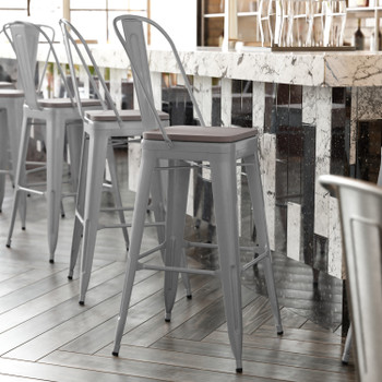 Flash Furniture Kai Commercial Grade 30" High Silver Metal Indoor-Outdoor Bar Height Stool w/ Removable Back & Gray All-Weather Poly Resin Seat, Model# CH-31320-30GB-SIL-PL2G-GG