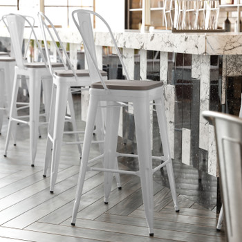 Flash Furniture Kai Commercial Grade 30" High White Metal Indoor-Outdoor Bar Height Stool w/ Removable Back & Gray All-Weather Poly Resin Seat, Model# CH-31320-30GB-WH-PL2G-GG