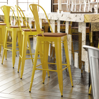 Flash Furniture Kai Commercial Grade 30" High Yellow Metal Indoor-Outdoor Bar Height Stool w/ Removable Back & Teak All-Weather Poly Resin Seat, Model# CH-31320-30GB-YL-PL2T-GG