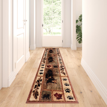 Flash Furniture Vassa Collection 2' x 7' Mother Bear & Cubs Nature Themed Olefin Area Rug w/ Jute Backing for Entryway, Living Room, Bedroom, Model# OKR-RG1114-27-BN-GG