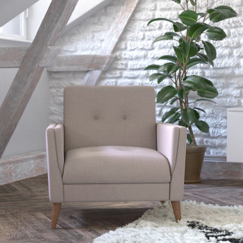 Flash Furniture Conrad Mid-Century Modern Commercial Grade Armchair w/ Tufted Faux Linen Upholstery & Solid Wood Legs in Taupe, Model# IS-22271C-TAUPE-GG