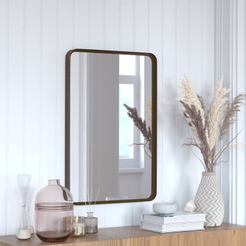 Flash Furniture Janinne 20" x 30" Decorative Wall Mirror Rounded Corners, Bathroom & Living Room Glass Mirror Hangs Horizontal Or Vertical, Brushed Bronze, Model# HFMHD-GDI-CRE8-312315-GG