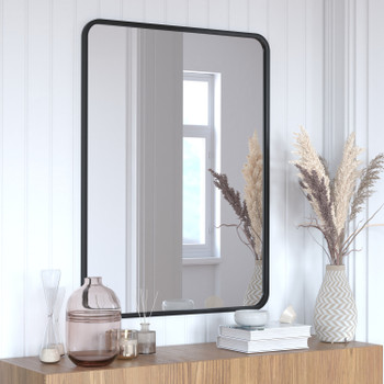 Flash Furniture Jada 40" x 30" Decorative Wall Mirror Rounded Corners, Bathroom & Living Room Glass Mirror Hangs Horizontal Or Vertical, Matte Black, Model# HMHD-22M198YBN-BK-GG