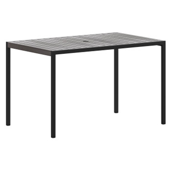 Flash Furniture Lark Outdoor Dining Table w/ Synthetic Gray Wash Teak Poly Slats 30" x 48" Steel Framed Restaurant Table w/ Umbrella Holder Hole, Model# XU-DG-UH3048-GY-GG