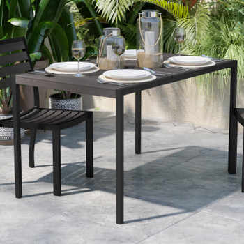 Flash Furniture Lark Outdoor Dining Table w/ Synthetic Gray Wash Teak Poly Slats 30" x 48" Steel Framed Restaurant Table w/ Umbrella Holder Hole, Model# XU-DG-UH3048-GY-GG
