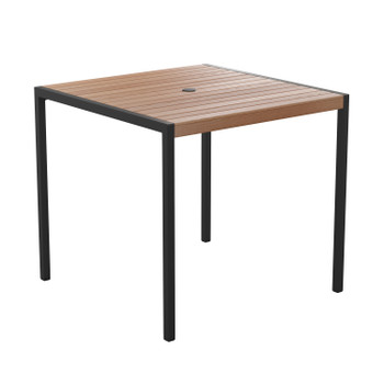 Flash Furniture Lark Outdoor Dining Table w/ Synthetic Teak Poly Slats 35" Square Steel Framed Restaurant Table w/ Umbrella Holder Hole, Model# XU-DG-UH8100-GG