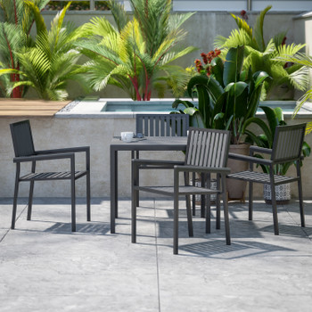 Flash Furniture Harris 5 Piece Commercial Indoor/Outdoor Table & Chairs w/ Black Poly Resin Slatted Backs & Seats, Model# SB-A268C4-T-BK-GG