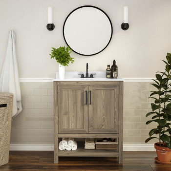 Flash Furniture Vega 30 Inch Bathroom Vanity w/ Sink Combo, Storage Cabinet w/ Soft Close Doors & Open Shelf, Carrara Marble Finish Countertop, Brown/White, Model# FS-VEGA30-BR-GG
