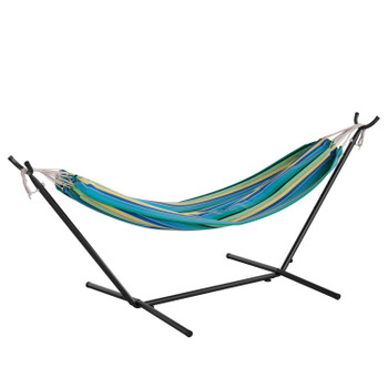 Flash Furniture Lola 2 Person Hammock w/ Stand & Premium Carry Bag, Cotton Hammock w/ Space Saving Steel Stand, 450 LBS. Static Weight Capacity, Blue Multi, Model# WL-HM22001-BLU-MLT-GG