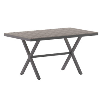 Flash Furniture Finch Commercial Grade X-Frame Outdoor Dining Table 59" x 35.5" w/ Faux Teak Poly Slats & Metal Frame, Gray/Gray, Model# SB-TB288-GRY-GG