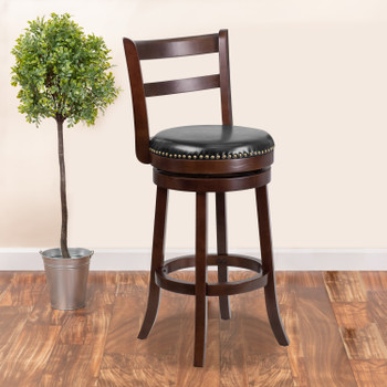 Flash Furniture Becca 30'' High Cappuccino Wood Barstool w/ Single Slat Ladder Back & Black LeatherSoft Swivel Seat, Model# TA-16029-CA-GG