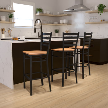 Flash Furniture HERCULES Series Black Ladder Back Metal Restaurant Barstool Natural Wood Seat, Model# XU-DG697BLAD-BAR-NATW-GG