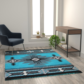 Flash Furniture Mohave Collection 5' x 7' Turquoise Traditional Southwestern Style Area Rug Olefin Fibers w/ Jute Backing, Model# ACD-RGC318-57-TQ-GG