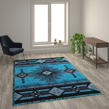 Flash Furniture Mohave Collection 6' x 9' Turquoise Traditional Southwestern Style Area Rug Olefin Fibers w/ Jute Backing, Model# ACD-RGC318-69-TQ-GG