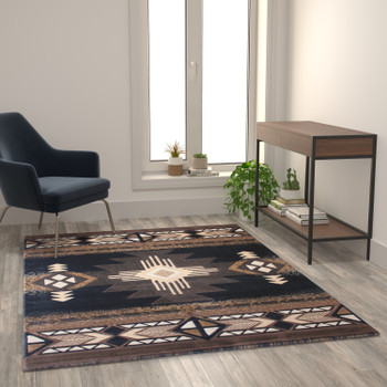 Flash Furniture Mohave Collection 5' x 7' Black Traditional Southwestern Style Area Rug Olefin Fibers w/ Jute Backing, Model# ACD-RGEMQ9-57-BK-GG