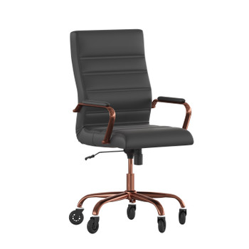 Flash Furniture Whitney High Back Black LeatherSoft Executive Swivel Office Chair w/ Rose Gold Frame, Arms, & Transparent Roller Wheels, Model# GO-2286H-BK-RSGLD-RLB-GG