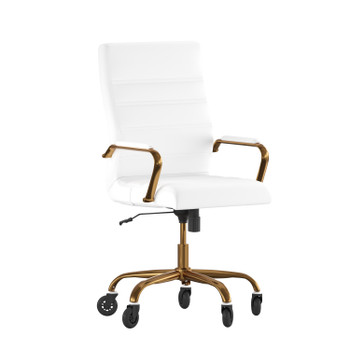 Flash Furniture Whitney High Back White LeatherSoft Executive Swivel Office Chair w/ Gold Frame, Arms, & Transparent Roller Wheels, Model# GO-2286H-WH-GLD-RLB-GG