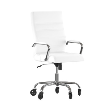 Flash Furniture Whitney High Back White LeatherSoft Executive Swivel Office Chair w/ Chrome Frame, Arms, & Transparent Roller Wheels, Model# GO-2286H-WH-RLB-GG