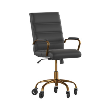 Flash Furniture Camilia Mid-Back Black LeatherSoft Executive Swivel Office Chair w/ Gold Frame, Arms, & Transparent Roller Wheels, Model# GO-2286M-BK-GLD-RLB-GG