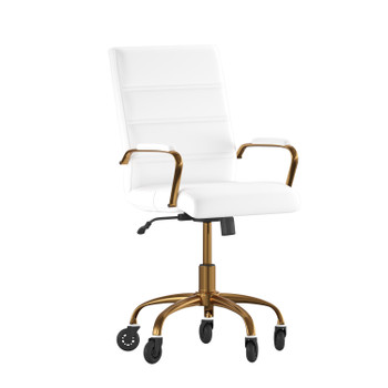 Flash Furniture Camilia Mid-Back White LeatherSoft Executive Swivel Office Chair w/ Gold Frame, Arms, & Transparent Roller Wheels, Model# GO-2286M-WH-GLD-RLB-GG