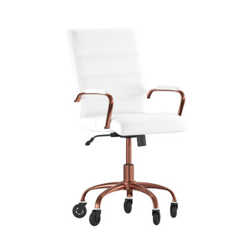 Flash Furniture Camilia Mid-Back White LeatherSoft Executive Swivel Office Chair w/ Rose Gold Frame, Arms, & Transparent Roller Wheels, Model# GO-2286M-WH-RSGLD-RLB-GG