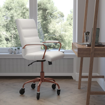 Flash Furniture Camilia Mid-Back White LeatherSoft Executive Swivel Office Chair w/ Rose Gold Frame, Arms, & Transparent Roller Wheels, Model# GO-2286M-WH-RSGLD-RLB-GG