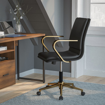 Flash Furniture James Mid-Back Designer Executive LeatherSoft Office Chair w/ Brushed Gold Base & Arms, Black, Model# GO-21111B-BK-GLD-GG