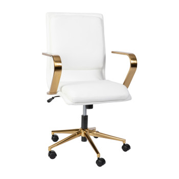 Flash Furniture James Mid-Back Designer Executive LeatherSoft Office Chair w/ Brushed Gold Base & Arms, White, Model# GO-21111B-WH-GLD-GG
