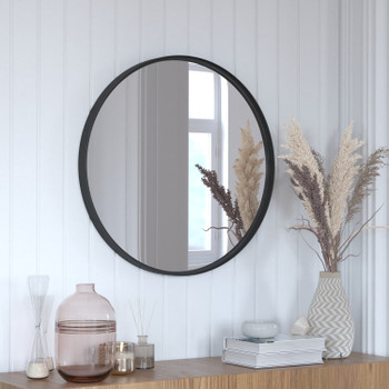Flash Furniture Jennifer 27.5" Round Black Metal Framed Wall Mirror Large Accent Mirror for Bathroom, Vanity, Entryway, Dining Room, & Living Room, Model# HFMHD-75G-CRE8-412315-GG