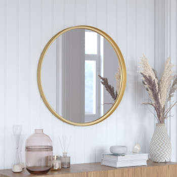 Flash Furniture Jennifer 27.5" Round Gold Metal Deep Framed Wall Mirror Large Accent Mirror for Bathroom, Entryway, Dining Room, & Living Room, Model# HMHD-9M3000GD-GLD-GG
