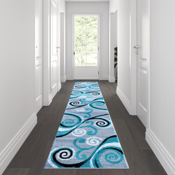 Flash Furniture Valli Collection 2' x 11' Turquoise Abstract Area Rug Olefin Rug w/ Jute Backing Hallway, Entryway, Bedroom, Living Room, Model# OKR-RG1100-211-TQ-GG