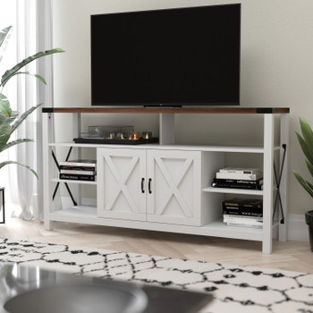Flash Furniture Wyatt 60" Modern Farmhouse Tall TV Stand w/ Storage Cabinets & Shelves for TV's up to 60", White/Rustic Oak, Model# ZG-025-WH-GG