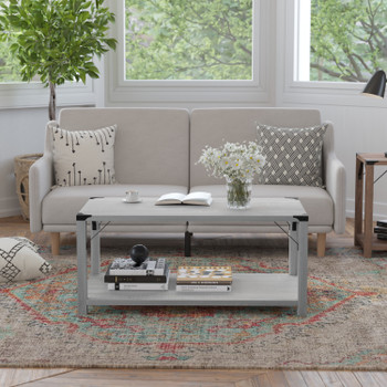 Flash Furniture Wyatt Modern Farmhouse Wooden 2 Tier Coffee Table w/ Black Metal Corner Accents & Cross Bracing, Aspen Gray, Model# ZG-037-LTGY-GG