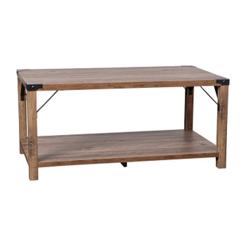 Flash Furniture Wyatt Modern Farmhouse Wooden 2 Tier Coffee Table w/ Black Metal Corner Accents & Cross Bracing, Rustic Oak, Model# ZG-037-OAK-GG