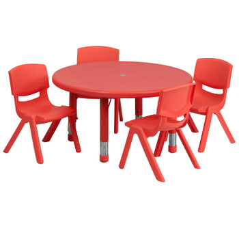 Flash Furniture Emmy 33'' Round Red Plastic Height Adjustable Activity Table Set w/ 4 Chairs, Model# YU-YCX-0073-2-ROUND-TBL-RED-E-GG