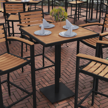 Flash Furniture Lark Commercial Grade 32" Square Outdoor Bar Height Table w/ Faux Teak Poly Resin Slats, Model# XU-HW1045-3232-GG