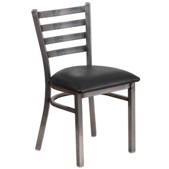 Flash Furniture HERCULES Series Clear Coated Ladder Back Metal Restaurant Chair Black Vinyl Seat, Model# XU-DG694BLAD-CLR-BLKV-GG
