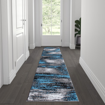 Flash Furniture Rylan Collection 2' x 7' Blue Abstract Area Rug Olefin Rug w/ Jute Backing for Hallway, Entryway, Bedroom, Living Room, Model# ACD-RGTRZ863-27-BL-GG