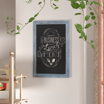 Flash Furniture Canterbury 20" x 30" Rustic Blue Wall Mount Magnetic Chalkboard Sign w/ Eraser, Hanging Wall Chalkboard Memo Board for Home, School, or Business, Model# HGWA-GDIS-CRE8-262315-GG