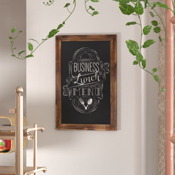 Flash Furniture Canterbury 20" x 30" Torched Wood Wall Mount Magnetic Chalkboard Sign w/ Eraser, Hanging Wall Chalkboard Memo Board for Home, School, or Business, Model# HGWA-GDIS-CRE8-462315-GG