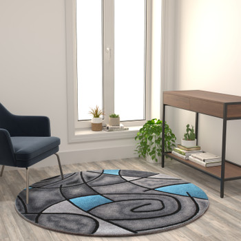 Flash Furniture Jubilee Collection 5' x 5' Round Blue Abstract Area Rug Olefin Rug w/ Jute Backing Living Room, Bedroom, Family Room, Model# ACD-RGTRZ860-55-BL-GG