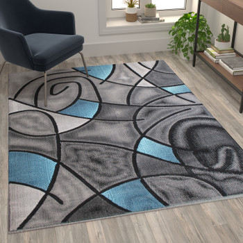 Flash Furniture Jubilee Collection 5' x 7' Blue Abstract Area Rug Olefin Rug w/ Jute Backing Living Room, Bedroom, & Family Room, Model# ACD-RGTRZ860-57-BL-GG